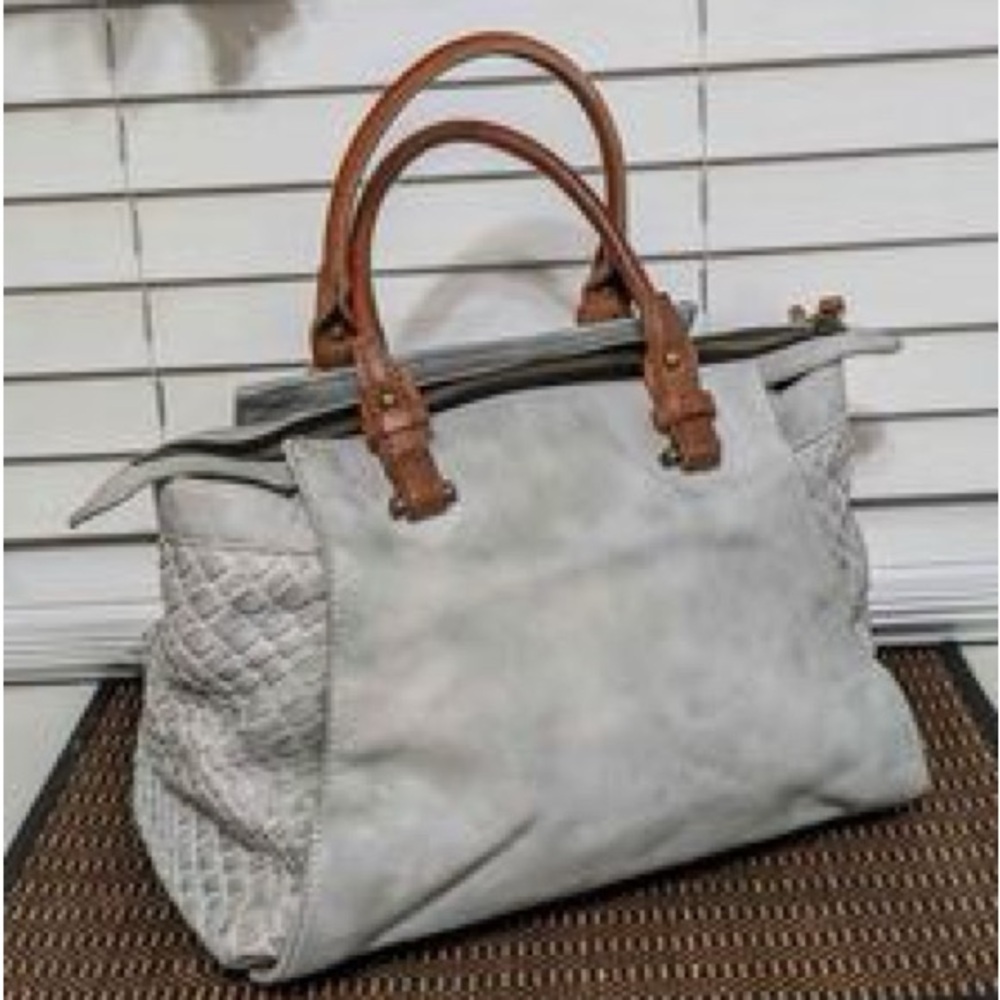 Mode Luxe Satchel Handbag in Lgt Gray /Chestnut Vegan Leather BasketWeave Design